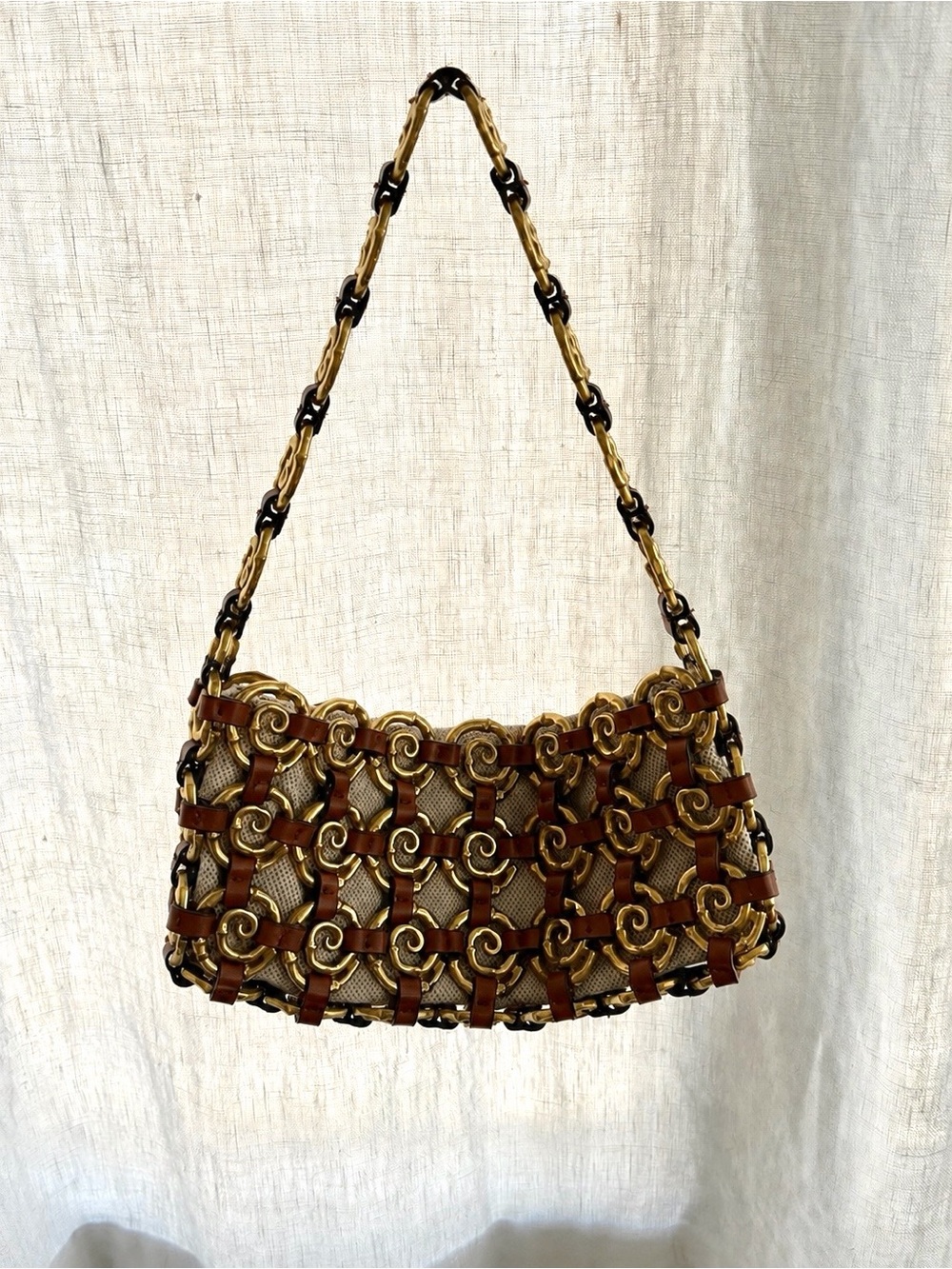 Mango Gold and Brown Woven Chain Shoulder Bag